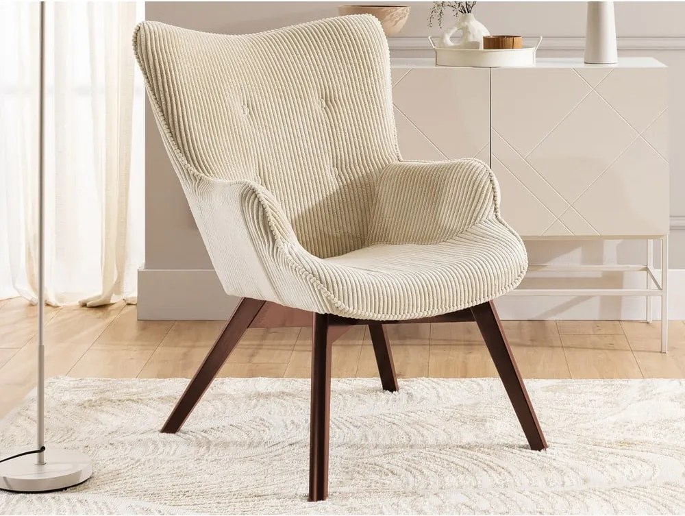 Poltrona beige con rivestimento in velluto a coste Niko – Ropez