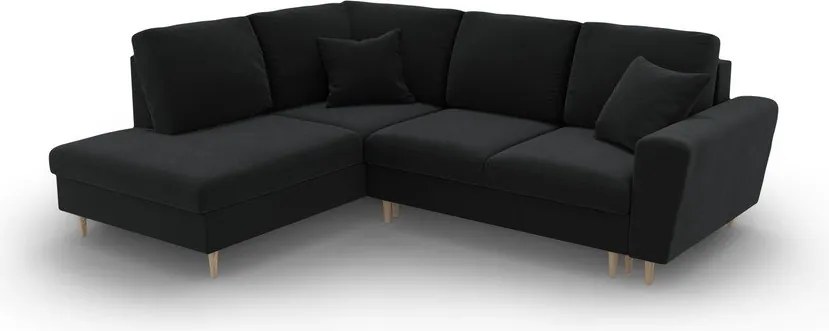 Divano angolare nero allungabile e con contenitore (con penisola a sinistra/a L) con rivestimento in velluto Kyoto – Cosmopolitan Design