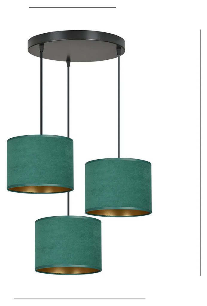 Lampadario Tondo 3 Luci Ganesha In Acciaio Nero E Paralumi In Tessuto Verde