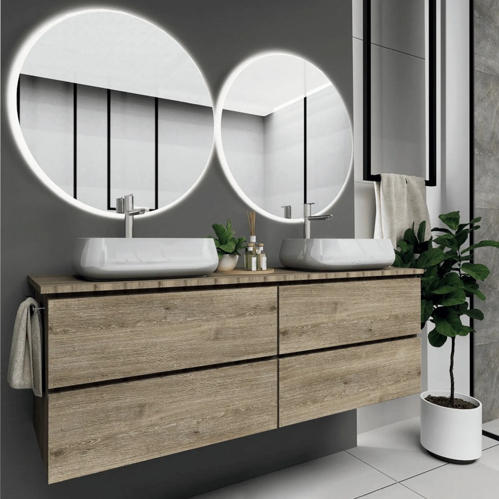 Mobile Bagno Sospeso 140 Cm Quattro Cassetti Specchi Con Illuminazione Led Esseci Arredo Bagno "Vulcano"