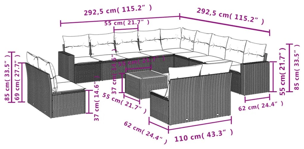 Set divani da giardino 14pz con cuscini in polyrattan beige