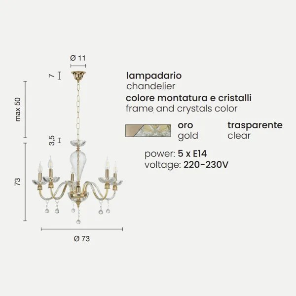 Lampada a sospensione ROXANNE D72 cm in vetro soffiato lavorato a mano 5 LUCI