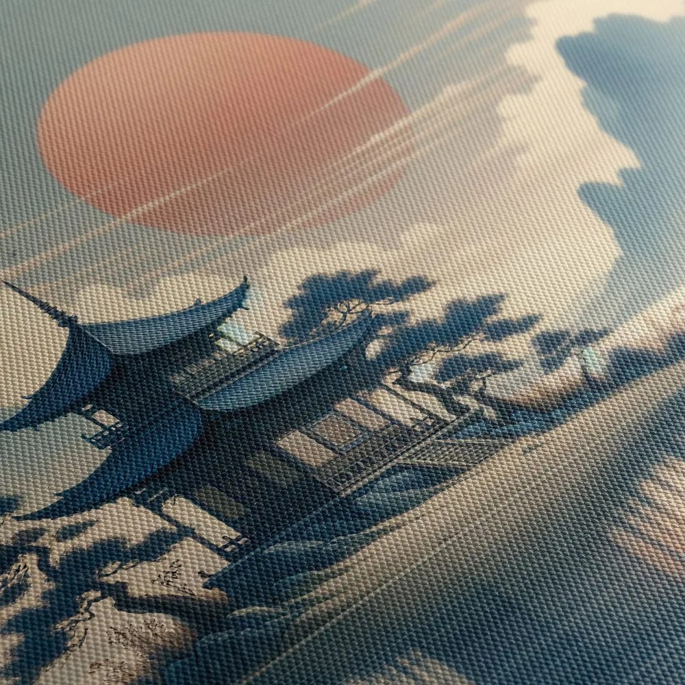 Quadro su tela – Cavaliere vicino a pagoda tra le montagne