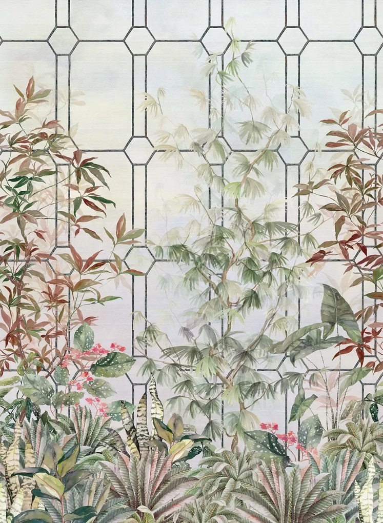 Osborne & Little Carta da parati panoramica Katsura - Olive/ Coral/ Charcoal