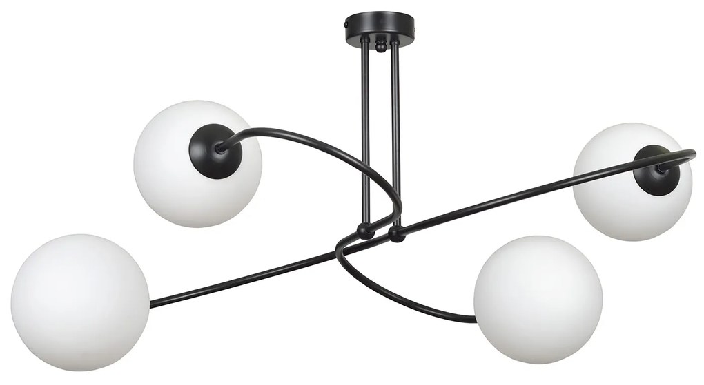 Plafoniera Moderna 4 Luci Nezha In Acciaio Nero E Sfere In Vetro Opale