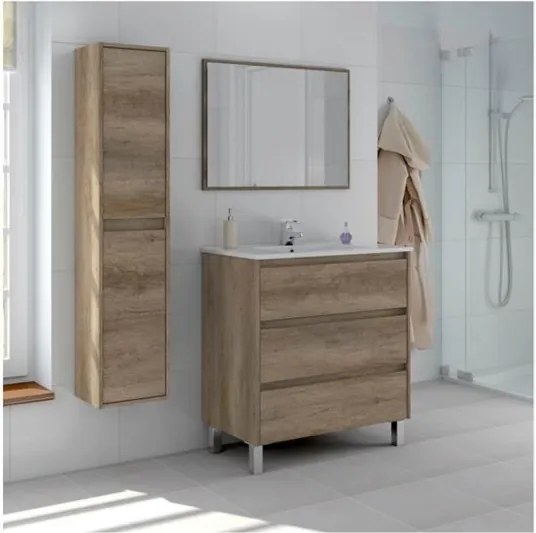Mobile bagno 80 cm con lavabo, colonna e specchio rovere - Dakota 96249