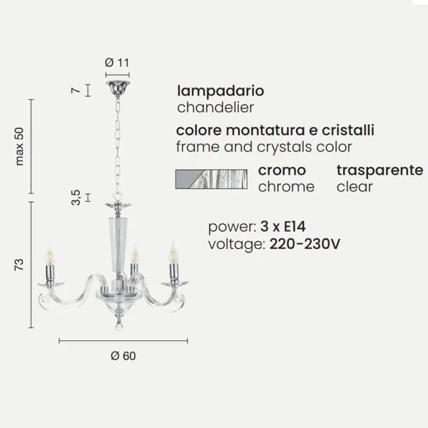 Lampada a sospensione CHERUBINI in vetro e cristallo ottico 3 luci CROMO