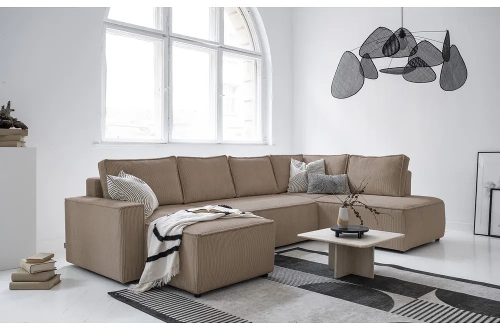 Divano letto angolare in velluto a coste beige Brave Dave - Miuform