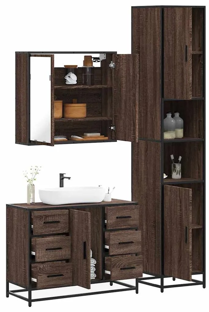Set Mobili Da Bagno 3 Pz Rovere Marrone İn Legno Multistrato /