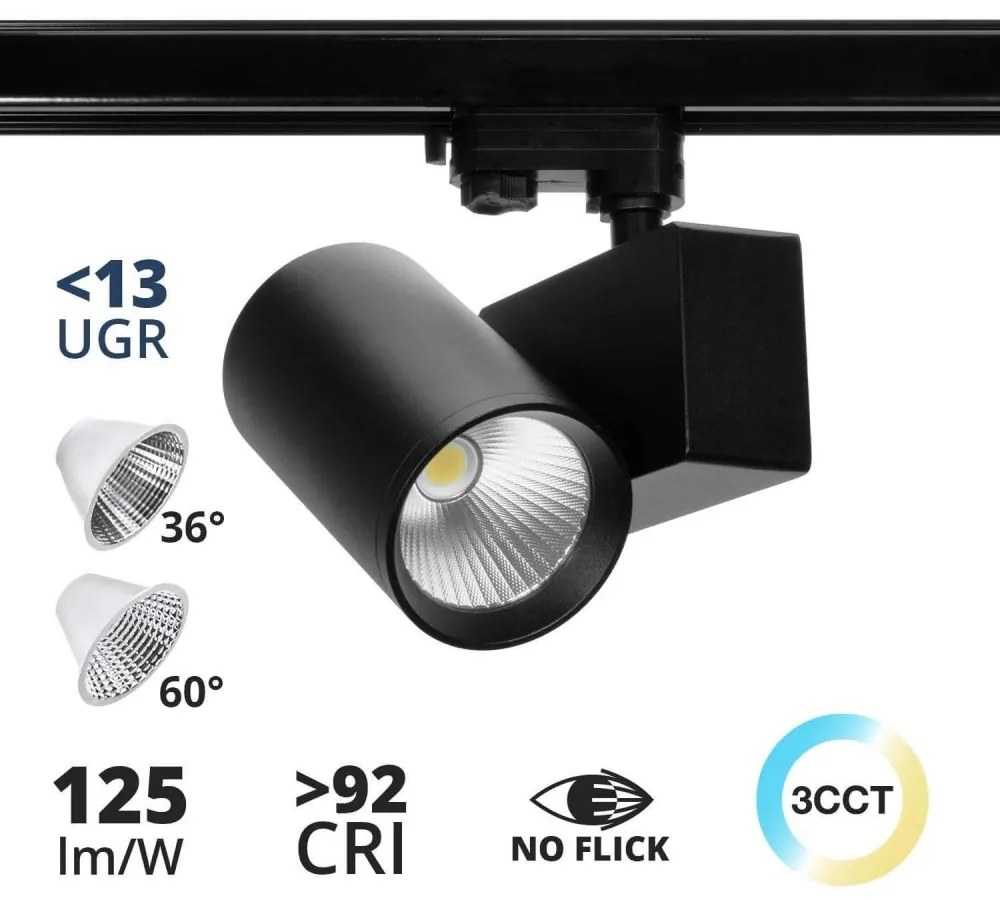 Faro LED 42W Binario Trifase CRI92, UGR13, 36°/60° con driver Philips, Nero Colore Bianco Variabile CCT
