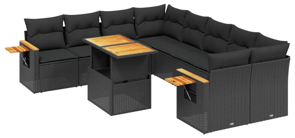 Set divani da giardino 9 pz con cuscini nero in polyrattan