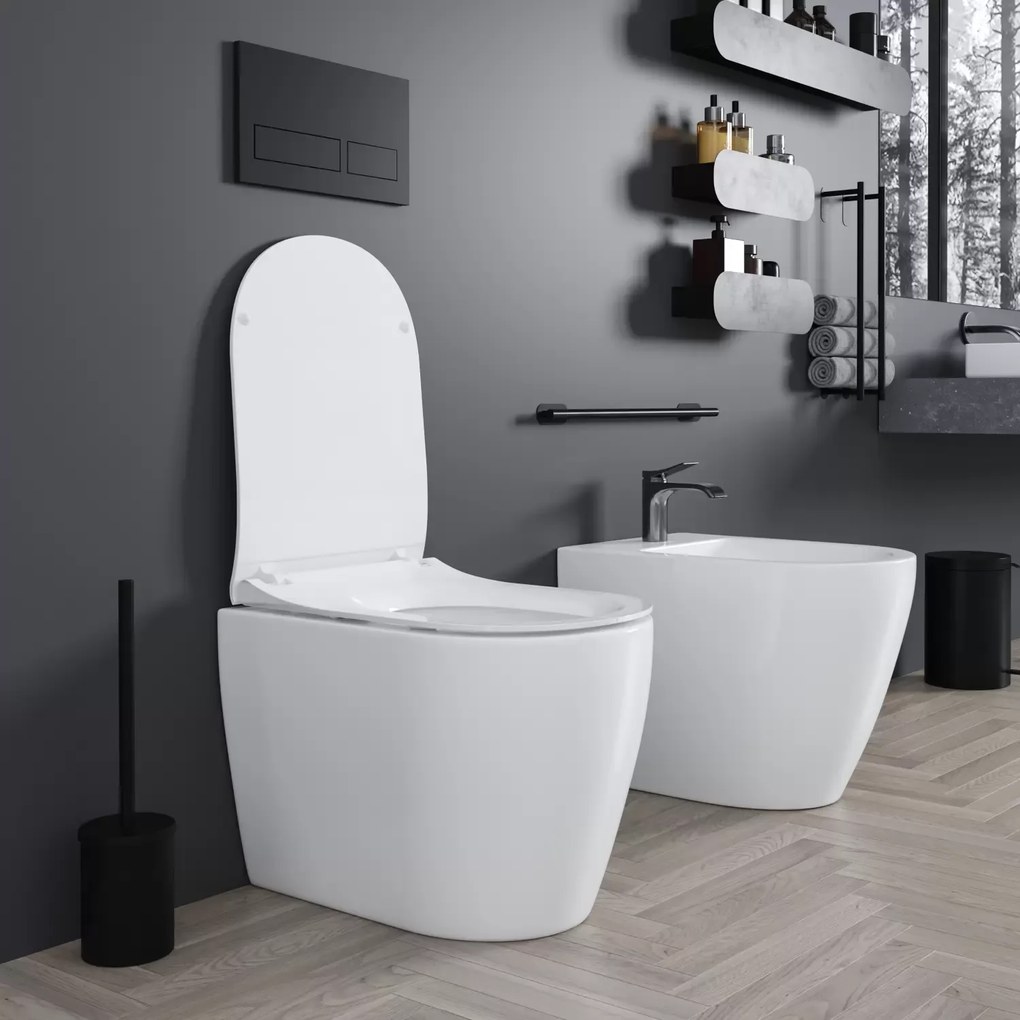 Coppia Sanitari Filomuro Filo Muro Filo Parete Vaso WC Rimless Senza Brida E Bidet Design Moderno In Ceramica Con Copriwater Chiusura Soft Close Chiusura Rallentata Colore Bianco