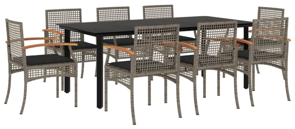 Set da pranzo da giardino 9 pz con cuscini in polyrattan grigio