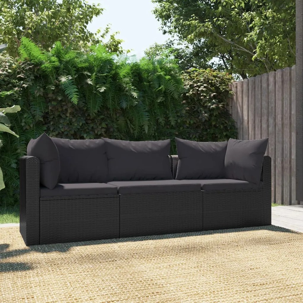 Set divani da giardino 3 pz con cuscini in polyrattan nero