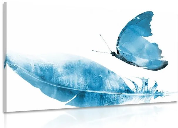 Stampa su tela – Piuma con farfalla in blu