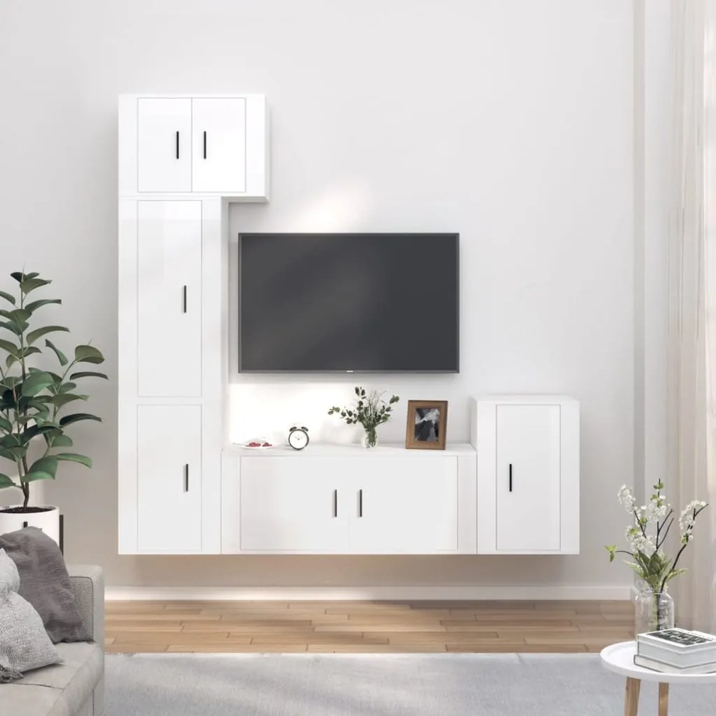 Set Di Mobili Porta Tv 5 Pz Bianco Lucido İn Legno Multistrato /