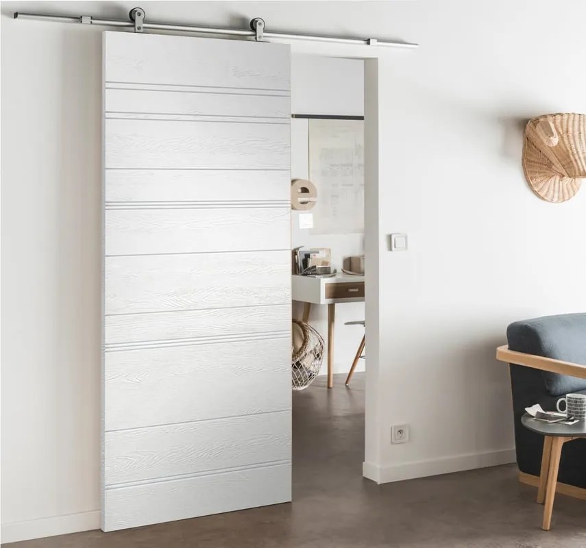 Porta scorrevole reversibile Mast Incisa in mdf bianco, L 93 x H 212 cm, con binario Loft Alluminio