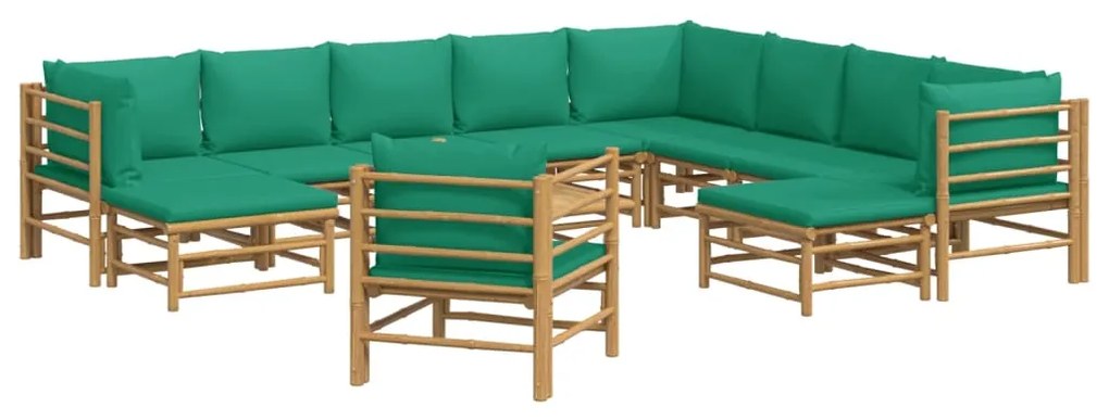 Set salotto da giardino 12pz con cuscini verdi bambù