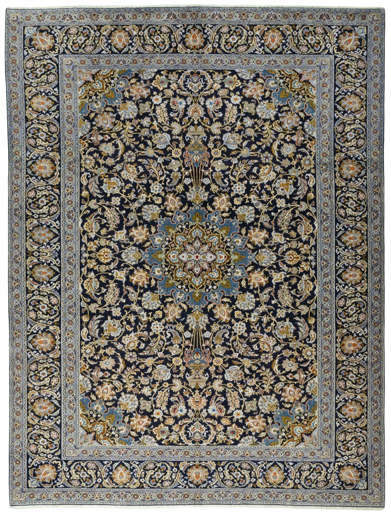 Kashan Tappeto 390x300 Blu (Iran) Annodato A Mano