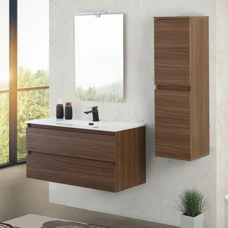 Mobile bagno sospeso 100 cm noce canaletto con cassetti soft-close Kleo