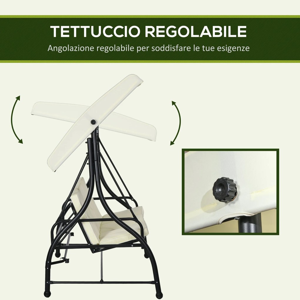 Dondolo Letto da Giardino 3 Posti con Tettuccio Regolabile 195x117x175 cm in Acciaio e Poliestere Crema e Nero...