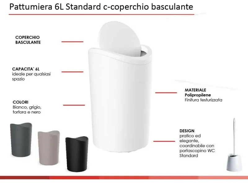 Gettacarte bagno in polipropilene nero 6 lt con coperchio basculante