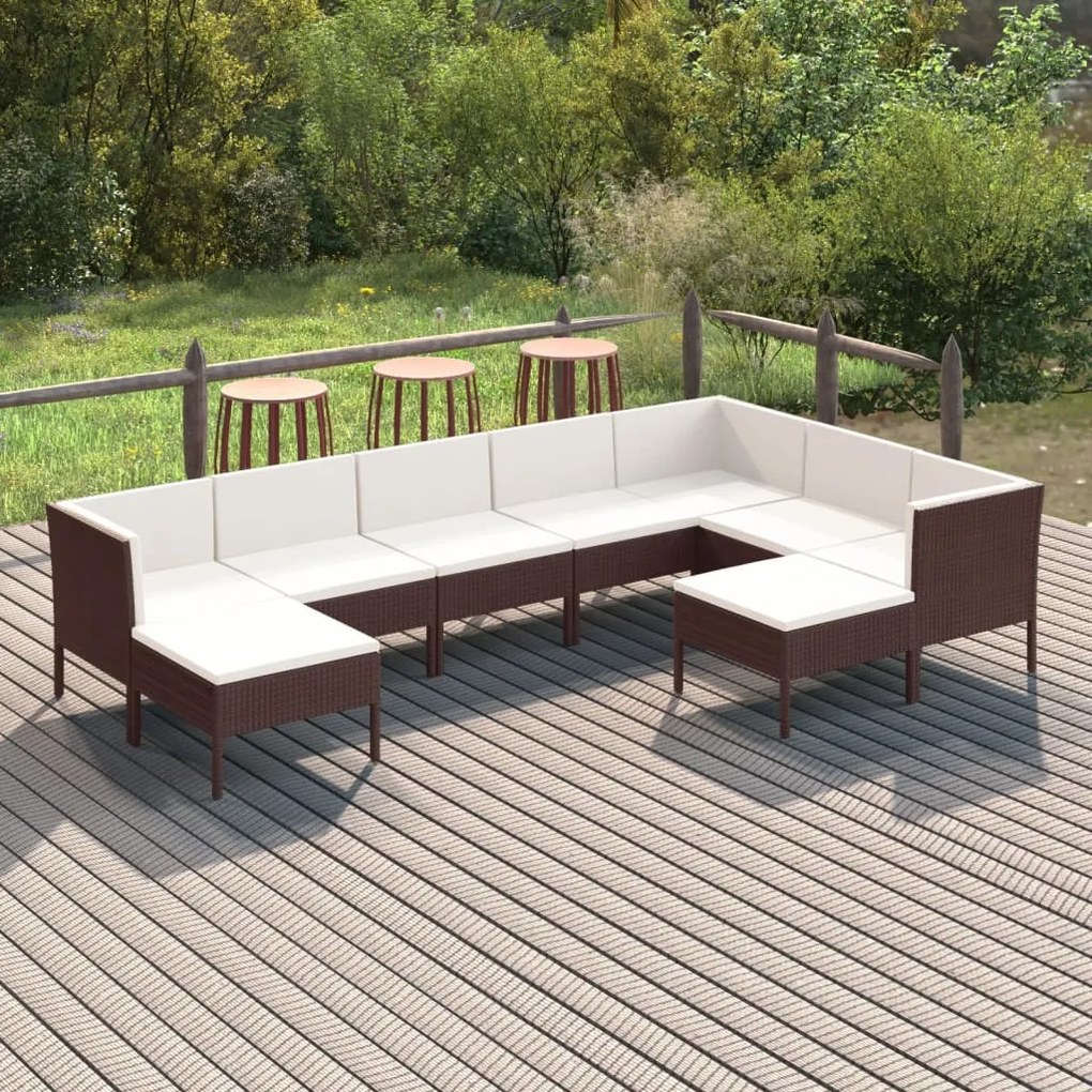 Set divani da giardino 9 pz con cuscini in polyrattan marrone