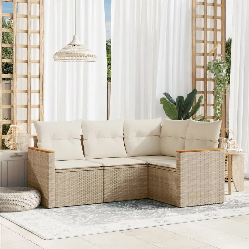 Set Divano da Giardino 4 pz con Cuscini Beige in Polyrattan