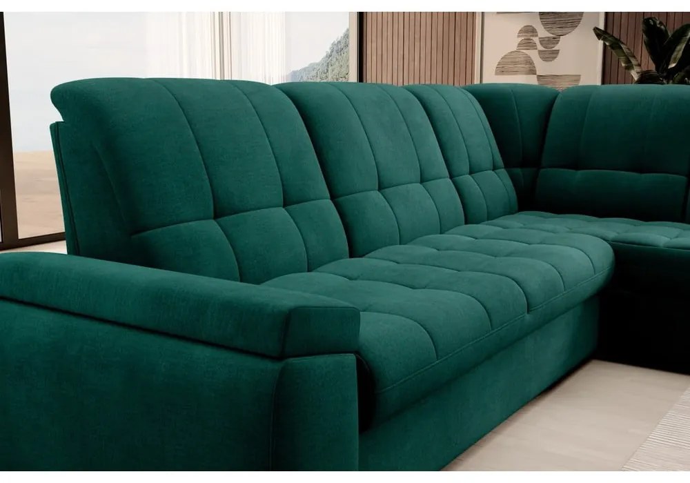 Divano angolare verde allungabile/con contenitore (con penisola a destra/a L) e rivestimento in velluto Sado – ELTAP