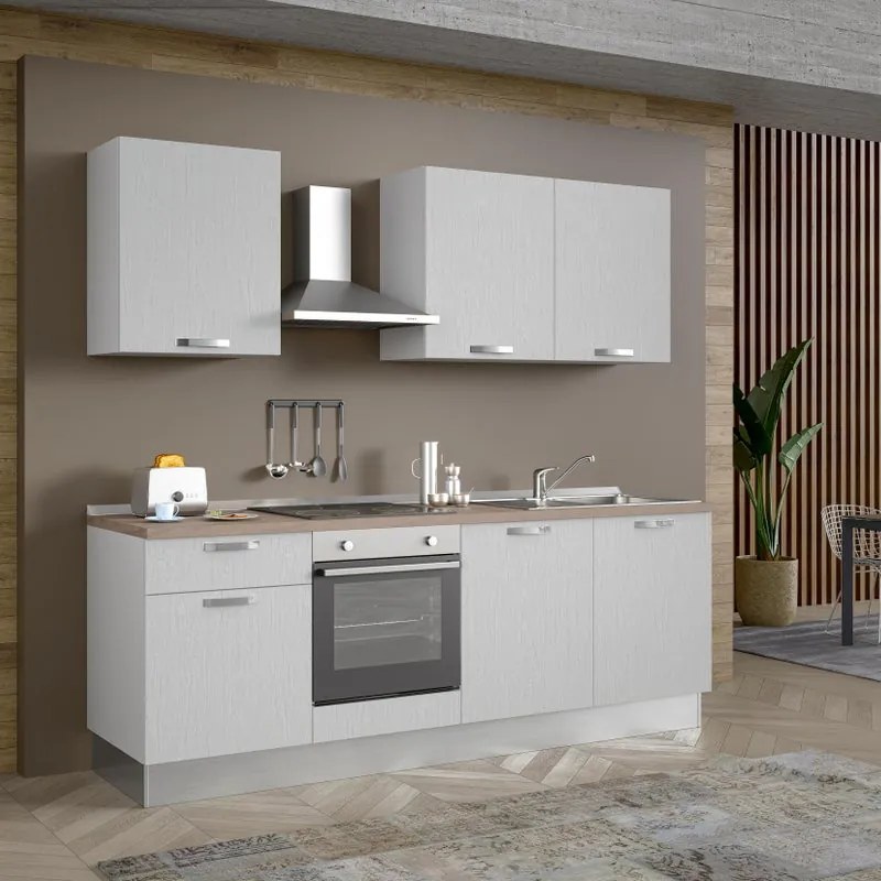 Cucina montata Dora bianco spatolato, lavello a destra, L 240 cm, completa di: cappa a camino, piano cottura a induzione, forno