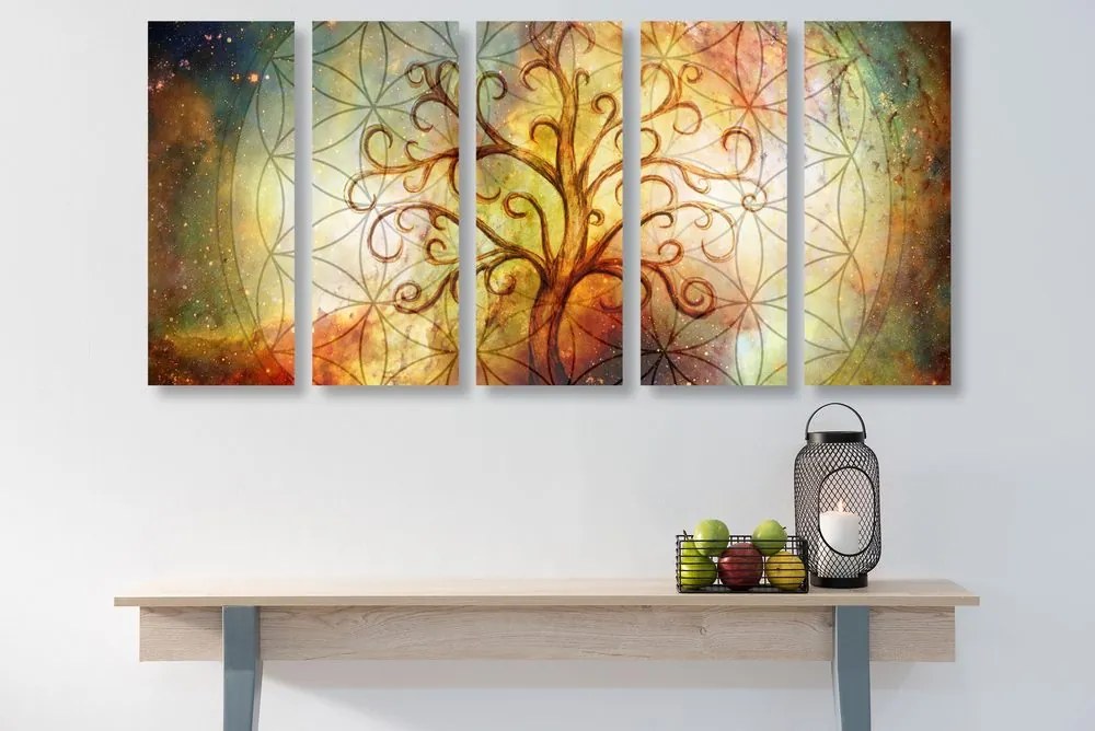 Quadri 5 pezzi – Albero con fiore della vita