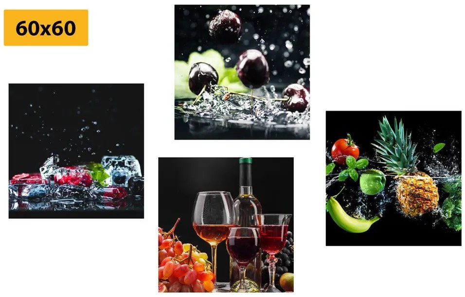 Set di quadri – Vino e pezzi di frutta su sfondo nero