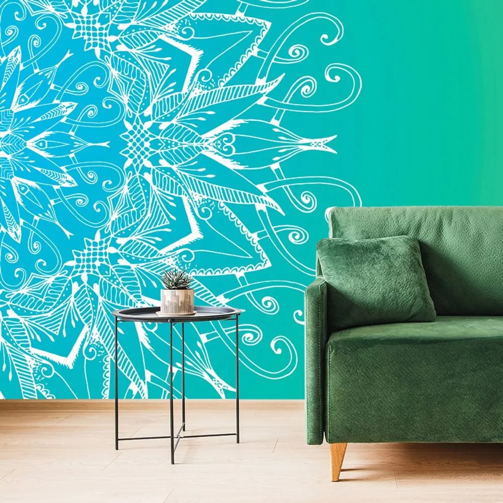 Carta da parati – Mandala bianca su sfondo verde-blu