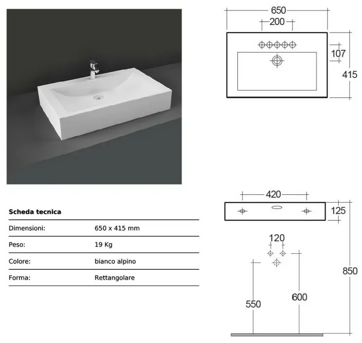 Lavabo da appoggio rettangolare 65x42 cm bianco Rak modello Scoop