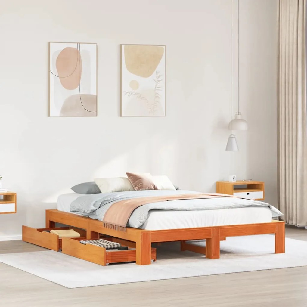 Letto Senza Materasso Marrone Cera 140x190 Cm İn Legno Di Pino /