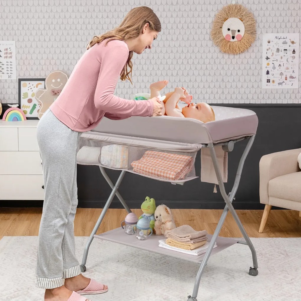 Costway Fasciatoio pieghevole per bambini con cesto ampio e mensola, Organizer nursery con ruote bloccabili Grigio
