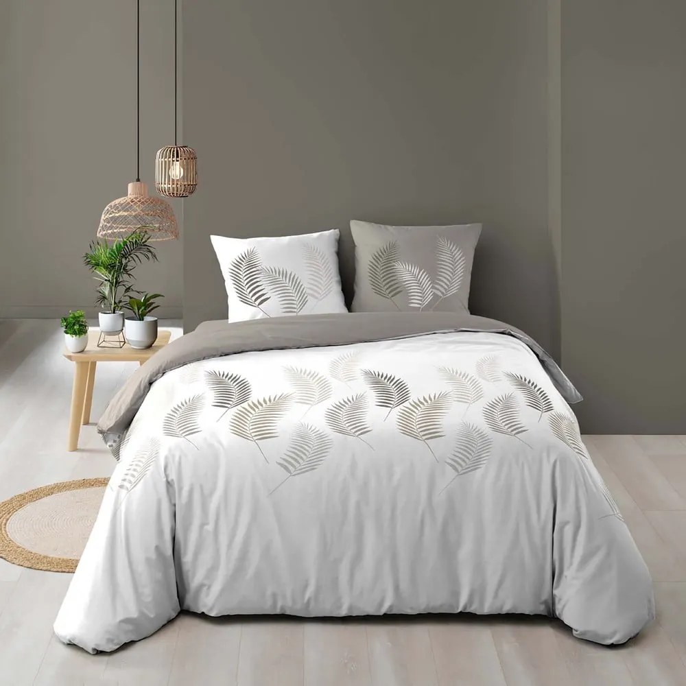 Set copripiumino e federa bianco e grigio tortora in cotone per letto matrimoniale e per letto esteso 240x220 cm Goyave – douceur d'intérieur