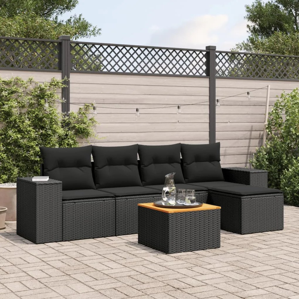 Set Divano da Giardino 6 pz con Cuscini Nero in Polyrattan