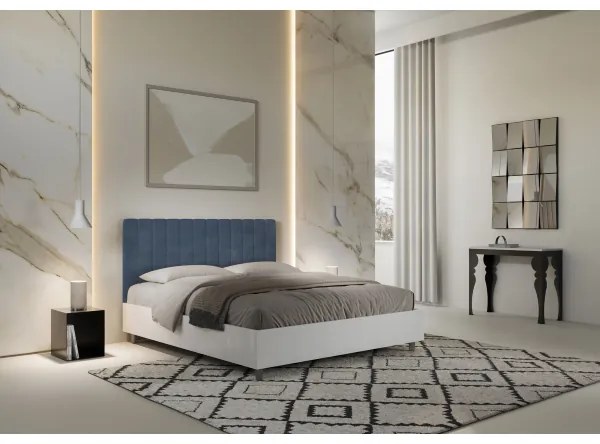 Letto contenitore da 160x200 in legno bianco e testata in microfibra blu Kaia