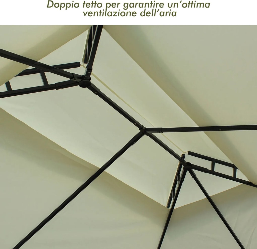 Gazebo da Giardino 3x4m in Acciaio Teli Laterali e Doppio Tetto Crema...