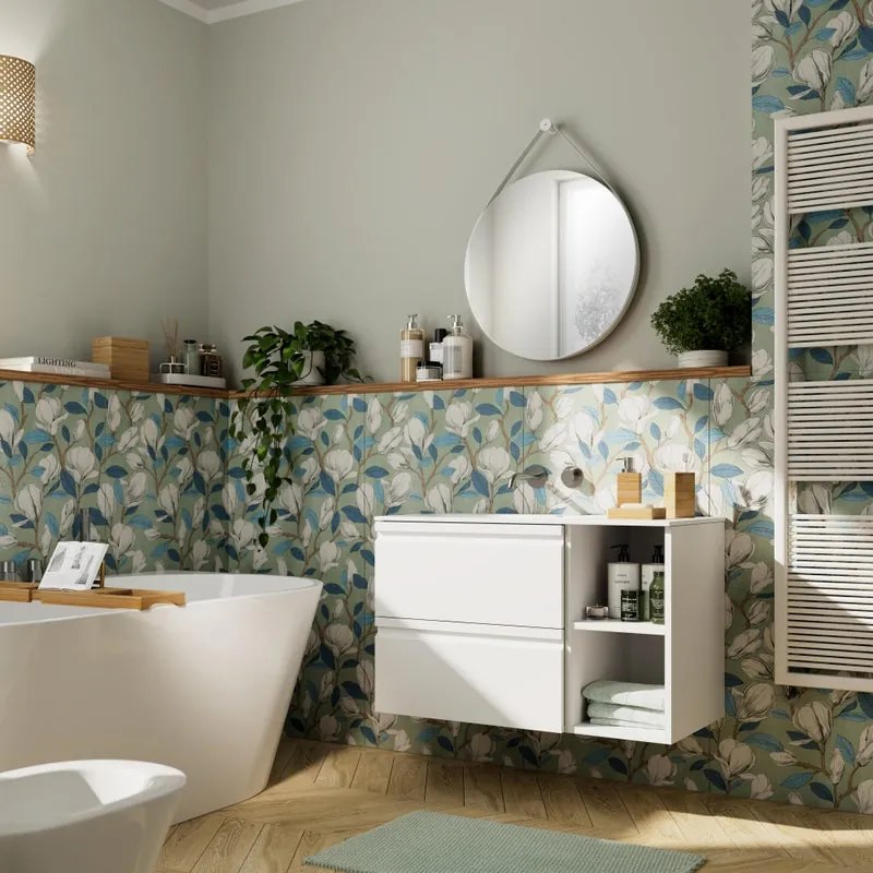 Mobile bagno sospeso con lavabo Pull L 90 x H 56 x P 46 cm bianco opaco in mdf 2 cassetti per vasca a sinistra , piedini non inclusi