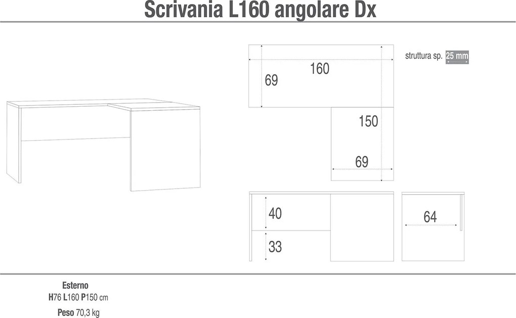 Scrivania da Ufficio Angolare Destra 160x76x150 cm Cemento...