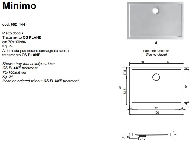 Minimo Piatto Doccia Antiscivolo 70x100 Bianco Lucido