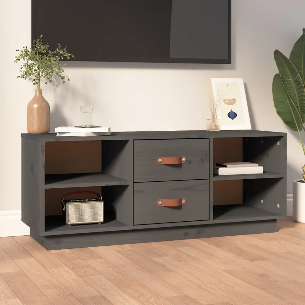 Mobile Porta Tv Grigio 100x34x40 Cm İn Legno Massello Di Pino /