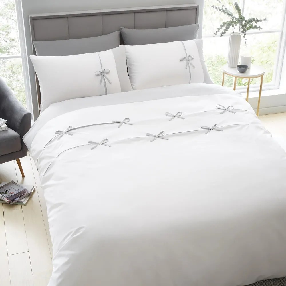 Set copripiumino e federa bianco e grigio per letto matrimoniale e per letto esteso 230x220 cm Milo Bow – Catherine Lansfield