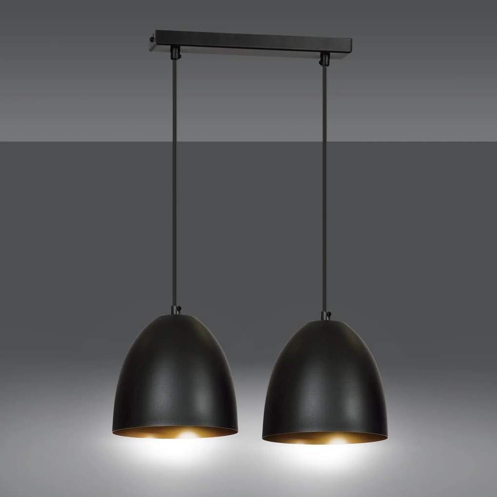 Lampadario 2 Luci Lenox In Acciaio Nero Con Cupole In Nero E Oro