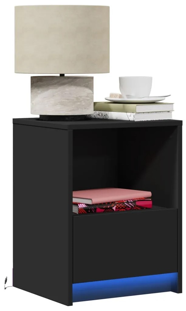 Comodini Con Luci Led 2pz Neri İn Legno Multistrato /