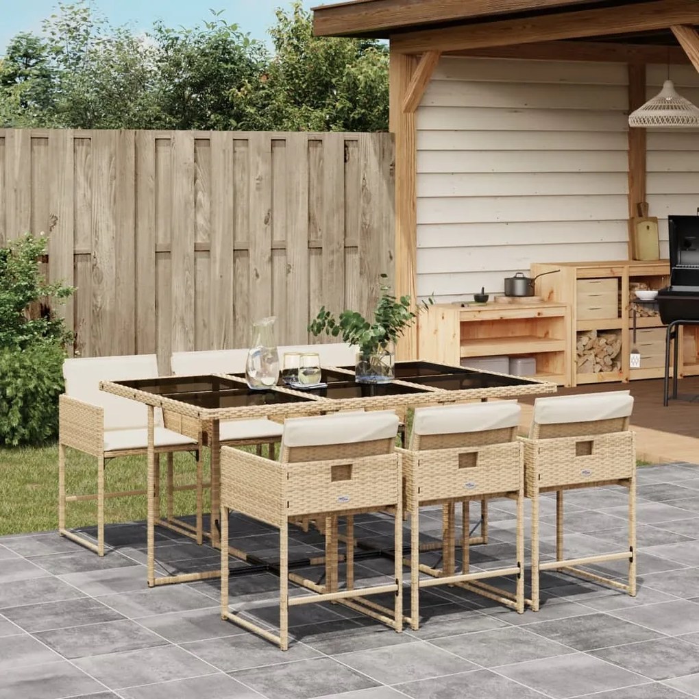 Set da pranzo da giardino 7 pz con cuscini beige in polyrattan