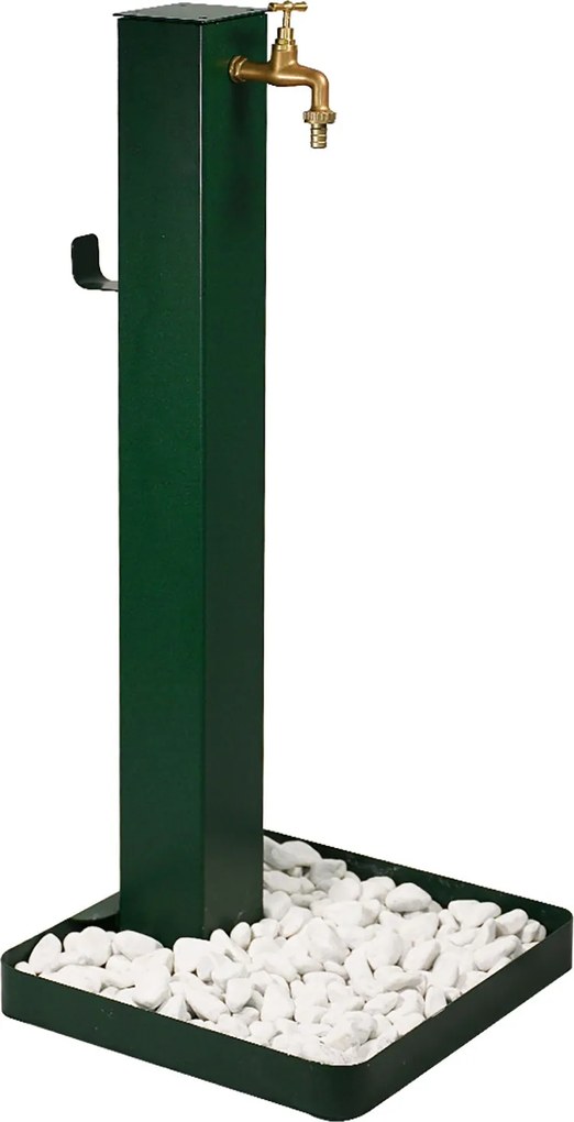 Fontana da Giardino Design a Colonna Quadrata Rubinetto in Ottone e Base con Ciottoli Verde...