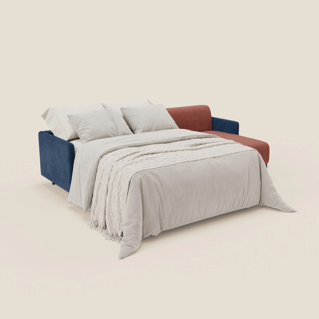 Narciso divano letto angolare con materasso alto 18 cm e penisola contenitore in tessuto bicolore impermeabile T11 e T06 blu - corallo